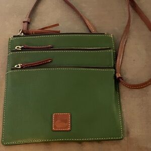 Dooney & Bourke Green Leather, 3 Zipper ‘Peyton’ Crossbody Bag. Used, EC